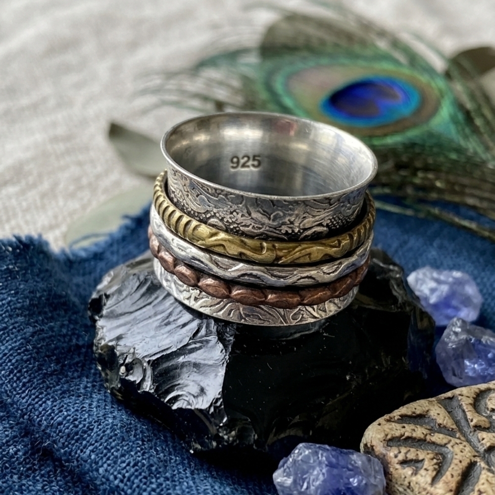 925 Sterling Silver Spinner Ring Brass Copper Mixed Metal Meditation Boho Sz 7.5